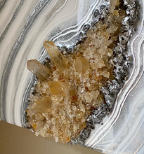 Load image into Gallery viewer, Silver & White Geode Wall Art w/ Citrine & Tangerine Quartz Points 12" x 12" x 3.75"