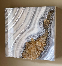 Load image into Gallery viewer, Silver & White Geode Wall Art w/ Citrine & Tangerine Quartz Points 12" x 12" x 3.75"