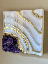 Load image into Gallery viewer, Gold & White Amethyst Geode Painting 8" x 8" x 3"