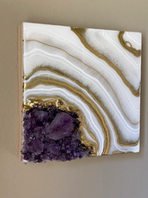 Load image into Gallery viewer, Gold & White Amethyst Geode Painting 8" x 8" x 3"