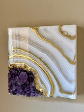 Load image into Gallery viewer, Gold & White Amethyst Geode Painting 8" x 8" x 3"