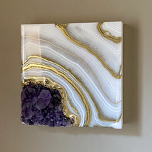 Load image into Gallery viewer, Gold & White Amethyst Geode Painting 8" x 8" x 3"