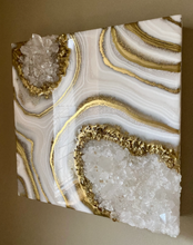 Load image into Gallery viewer, Gold White & Sparkling Pearl Geode Painting w/ Clear Quartz 12" x 12" x 3.75"