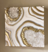 Load image into Gallery viewer, Gold White & Sparkling Pearl Geode Painting w/ Clear Quartz 12" x 12" x 3.75"