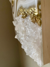Load image into Gallery viewer, Gold White & Sparkling Pearl Geode Painting w/ Clear Quartz 12" x 12" x 3.75"