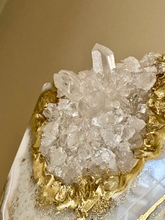 Load image into Gallery viewer, Gold White & Sparkling Pearl Geode Painting w/ Clear Quartz 12" x 12" x 3.75"