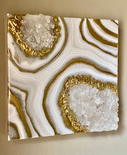 Load image into Gallery viewer, Gold White & Sparkling Pearl Geode Painting w/ Clear Quartz 12" x 12" x 3.75"