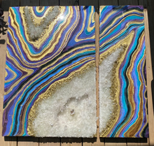 Load image into Gallery viewer, Large 3D Geode Diptych - Epoxy, Quartz & Gold Leaf on Birch Panel 36" x 36" x 3"