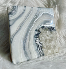 Load image into Gallery viewer, Silver & White Geode Wall Art w/ Brazilian Quartz Points 8" x 8" x 2.75"