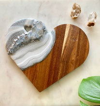 Load image into Gallery viewer, Silver & White Heart Shaped Acacia Charcuterie Board - Celestite & Clear Quartz