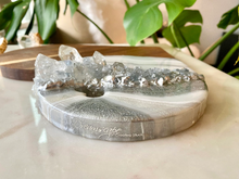 Load image into Gallery viewer, Silver & White Heart Shaped Acacia Charcuterie Board - Celestite & Clear Quartz