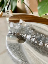 Load image into Gallery viewer, Silver & White Heart Shaped Acacia Charcuterie Board - Celestite & Clear Quartz