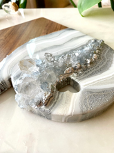 Load image into Gallery viewer, Silver & White Heart Shaped Acacia Charcuterie Board - Celestite & Clear Quartz
