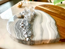 Load image into Gallery viewer, Silver & White Heart Shaped Acacia Charcuterie Board - Celestite & Clear Quartz