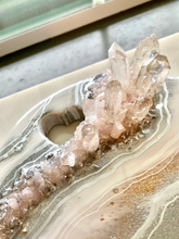 Load image into Gallery viewer, Silver & White Heart Shaped Bamboo Charcuterie Board - Rose & Clear Quartz