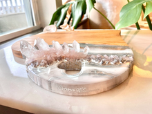 Load image into Gallery viewer, Silver & White Heart Shaped Bamboo Charcuterie Board - Rose & Clear Quartz
