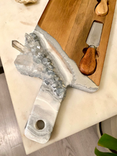 Load image into Gallery viewer, Silver & White Charcuterie Board w/ Celestite & Clear Quartz Crystals - 22" x 6" x 1.75"