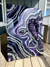 Load image into Gallery viewer, Large Black, Silver, & Plum Geode Wall Art w/ Amethyst & Smoky Quartz Points - 30' x 40" x 3"