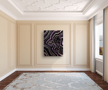 Load image into Gallery viewer, Large Black, Silver, & Plum Geode Wall Art w/ Amethyst & Smoky Quartz Points - 30' x 40" x 3"