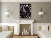 Load image into Gallery viewer, Large Black, Silver, & Plum Geode Wall Art w/ Amethyst & Smoky Quartz Points - 30' x 40" x 3"
