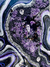 Load image into Gallery viewer, Large Black, Silver, & Plum Geode Wall Art w/ Amethyst & Smoky Quartz Points - 30' x 40" x 3"