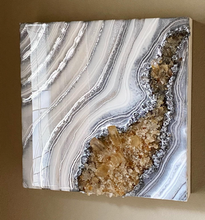 Load image into Gallery viewer, Silver & White Geode Wall Art w/ Citrine & Tangerine Quartz Points 12" x 12" x 3.75"