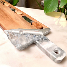 Load image into Gallery viewer, Custom Order for Sharon - Silver &amp; White Charcuterie Board w/ Celestite &amp; Clear Quartz Crystals - 22&quot; x 6&quot; x 1.75&quot;
