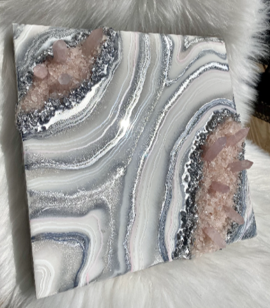 Silver & White Geode Wall Art w/ Rose Quartz Points - 12