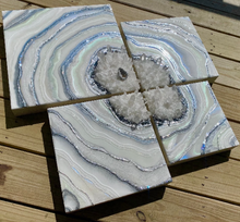 Load image into Gallery viewer, Large Silver &amp; White Multi-panel Geode Wall Art w/ Clear Quartz Points - 28&quot; x 28&quot; x 4&quot;
