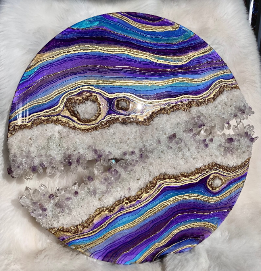 Large Turquoise, Purple, and Gold Geode Panel w/ Brazilian Amethyst & Quartz Points - 30