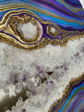 Load image into Gallery viewer, Large Turquoise, Purple, and Gold Geode Panel w/ Brazilian Amethyst &amp; Quartz Points - 30&quot; x 30&quot; Round
