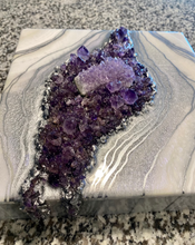 Load image into Gallery viewer, Silver, White, &amp; Lavender Geode Wall Art Brazilian Amethyst Crystals - 10&quot; x 10&quot; x 4&quot;

