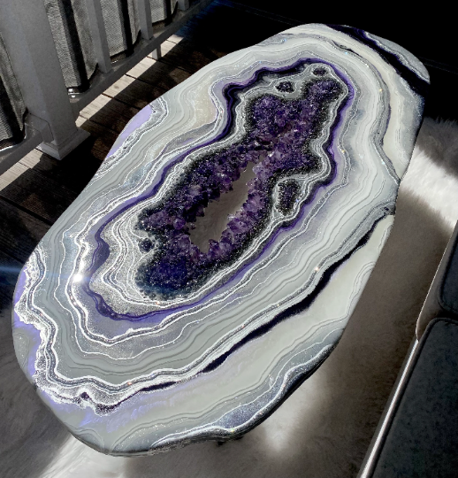 Large Epoxy Geode Coffee Table with Brazilian Amethyst Points & Hairpin Legs - 47