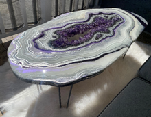 Load image into Gallery viewer, Large Epoxy Geode Coffee Table with Brazilian Amethyst Points &amp; Hairpin Legs - 47&quot; x 24&quot; x 18.5&quot;
