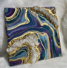 Load image into Gallery viewer, Turquoise, Purple, &amp; Gold Geode Wall Art w/ Brazilian Quartz Crystals - 12&quot; x 12&quot; x 4&quot;
