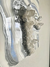 Load image into Gallery viewer, Silver, White, &amp; Blue Geode Wall Art w/ Brazilian Quartz Crystals - 10&quot; x 10&quot; x 4&quot;
