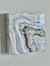 Load image into Gallery viewer, Silver, White, &amp; Blue Geode Wall Art w/ Brazilian Quartz Crystals - 10&quot; x 10&quot; x 4&quot;
