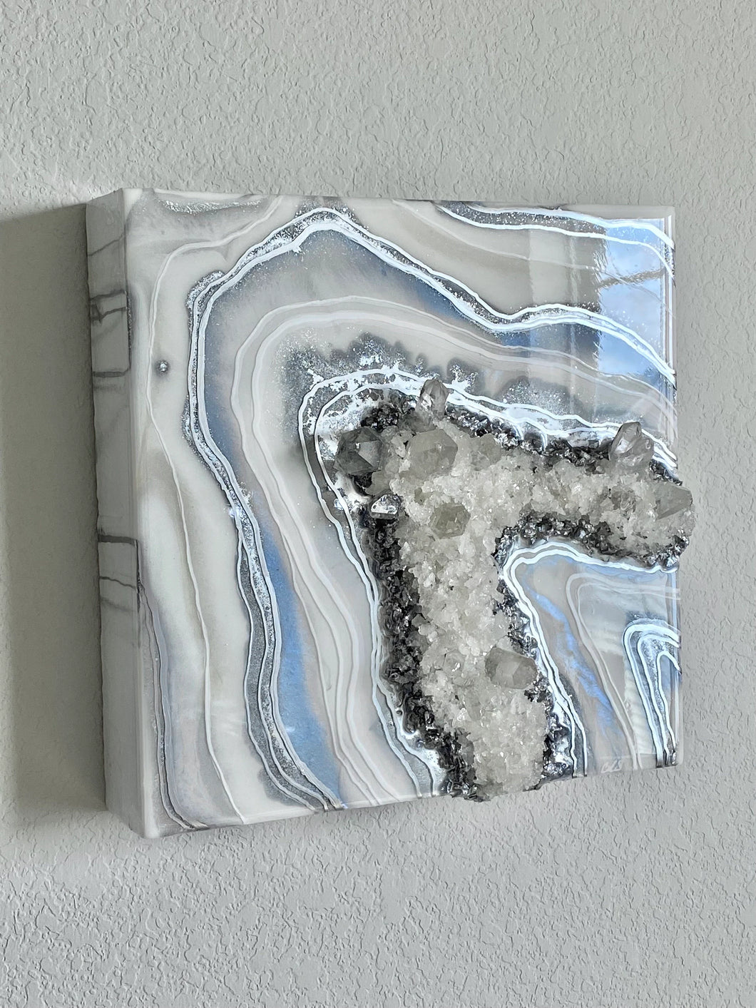 Silver, White, & Blue Geode Wall Art w/ Brazilian Quartz Crystals - 10