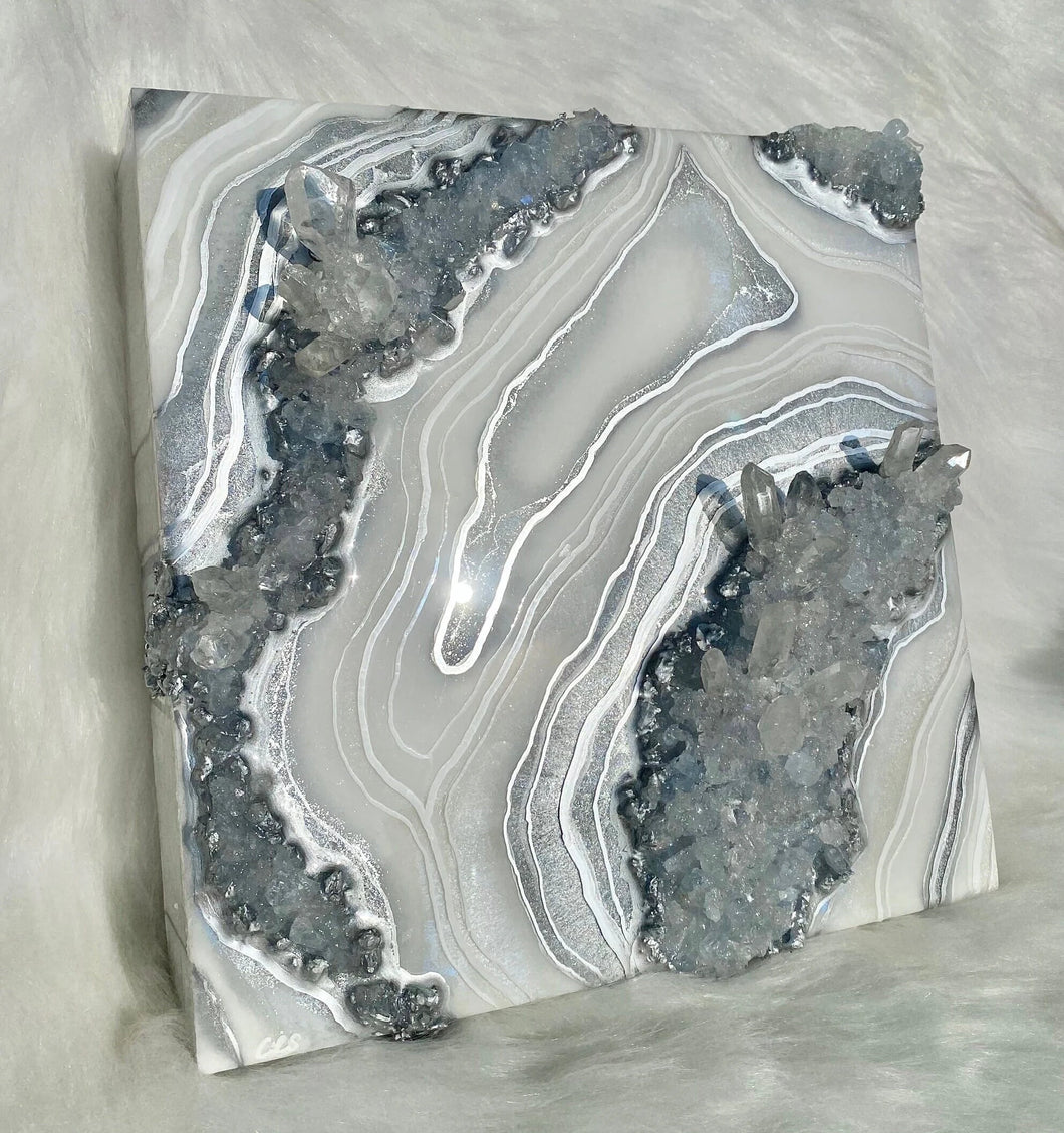Silver & White Geode Wall Art w/ Blue Calcite & Brazilian Quartz Crystals - 10