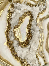 Load image into Gallery viewer, Gold, White, &amp; Pink Geode Wall Art w/ Brazilian Quartz Crystals - 12&quot; x 12&quot; x 4&quot;
