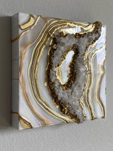Load image into Gallery viewer, Gold, White, &amp; Pink Geode Wall Art w/ Brazilian Quartz Crystals - 12&quot; x 12&quot; x 4&quot;
