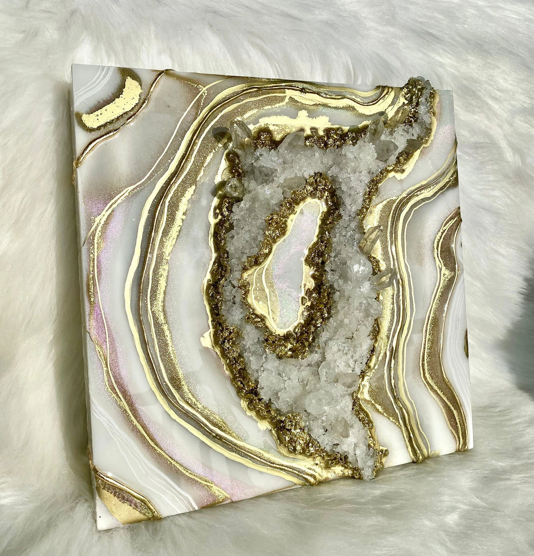 Gold, White, & Pink Geode Wall Art w/ Brazilian Quartz Crystals - 12