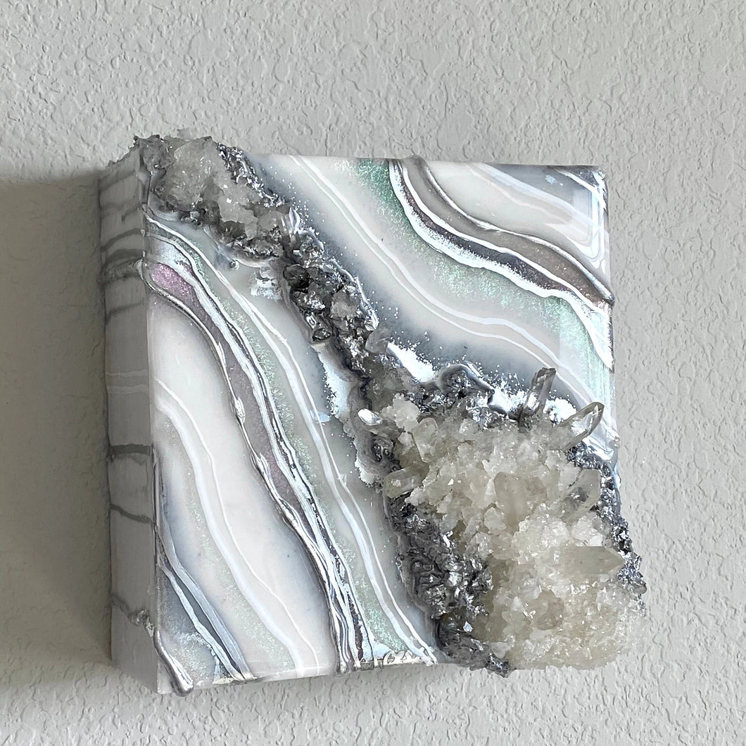 Mini Silver & White Iridescent Geode Wall art w/ Brazilian Amethyst Points - 6