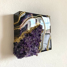 Load image into Gallery viewer, Mini Black, Purple, &amp; Gold Geode Wall art w/ Brazilian Amethyst Points - 6&quot; x 6&quot; x 3&quot;
