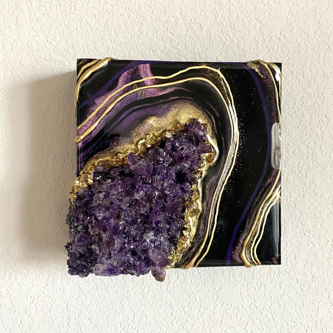 Mini Black, Purple, & Gold Geode Wall art w/ Brazilian Amethyst Points - 6