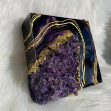 Load image into Gallery viewer, Mini Black, Purple, &amp; Gold Geode Wall art w/ Brazilian Amethyst Points - 6&quot; x 6&quot; x 3&quot;
