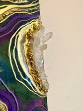 Load image into Gallery viewer, Purple, Green, &amp; Gold Geode Wall Art w/ Brazilian Quartz Crystals - 12&quot; x 12&quot; x 4&quot;
