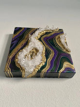 Load image into Gallery viewer, Purple, Green, &amp; Gold Geode Wall Art w/ Brazilian Quartz Crystals - 12&quot; x 12&quot; x 4&quot;
