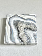 Load image into Gallery viewer, Silver, White, &amp; Blue Geode Wall Art w/ Brazilian Quartz Crystals - 10&quot; x 10&quot; x 4&quot;

