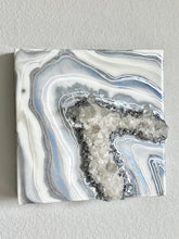 Load image into Gallery viewer, Silver, White, &amp; Blue Geode Wall Art w/ Brazilian Quartz Crystals - 10&quot; x 10&quot; x 4&quot;
